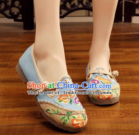 Traditional Chinese National Hanfu Embroidery Peony Linen Shoes, China Princess Blue Embroidered Shoes for Women