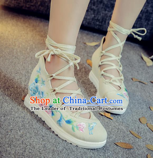 Traditional Chinese National Hanfu White Embroidered Shoes, China Princess Embroidery Peony Shoes for Women