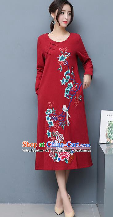 Traditional Chinese National Costume Hanfu Red Embroidered Qipao Dress, China Tang Suit Cheongsam for Women