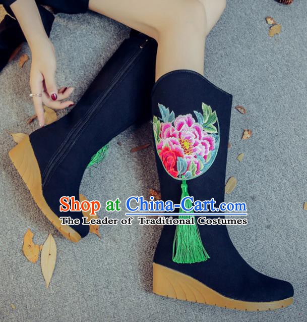 Traditional Chinese National Hanfu Embroidery Peony Black Boots, China Embroidered Shoes for Women