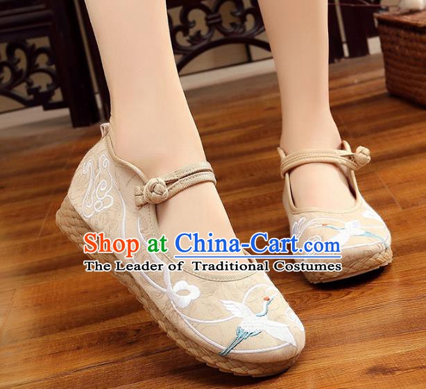 Traditional Chinese National Hanfu White Embroidery Crane Shoes, China Princess Embroidered Shoes for Women