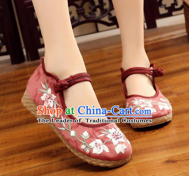 Traditional Chinese National Hanfu Embroidery Peach Blossom Red Shoes, China Princess Embroidered Shoes for Women