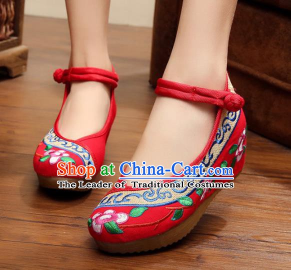 Traditional Chinese National Hanfu Embroidery Flowers Red Shoes, China Princess Embroidered Shoes for Women