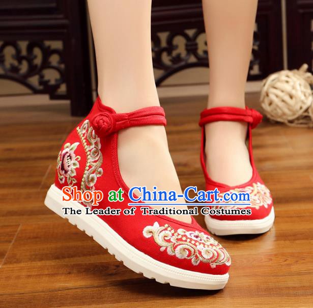 Traditional Chinese National Hanfu Red Canvas Embroidery Shoes, China Princess Embroidered Shoes for Women