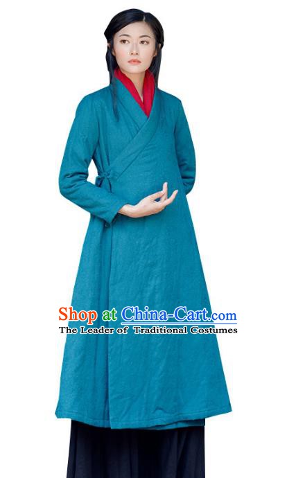 Traditional Chinese National Costume Hanfu Slant Opening Cotton-padded Coats, China Tang Suit Blue Dust Coat for Women