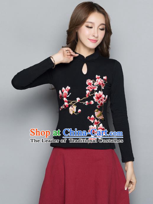 Traditional Chinese National Costume Hanfu Embroidered Magnolia Black Blouse, China Tang Suit Cheongsam Upper Outer Garment Shirt for Women