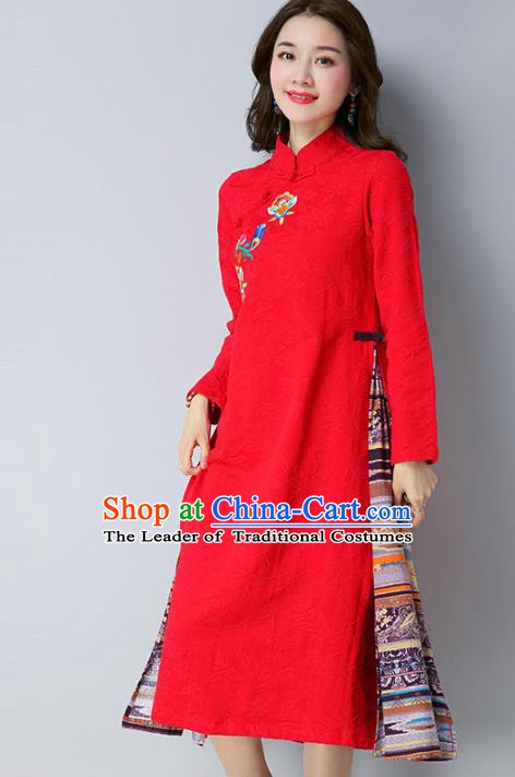 Traditional Chinese National Costume Hanfu Embroidered Red Qipao Dress, China Tang Suit Cheongsam for Women