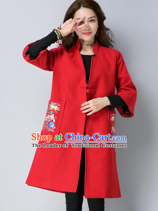 Traditional Chinese National Costume Hanfu Embroidered Red Coat, China Tang Suit Woolen Dust Coat for Women