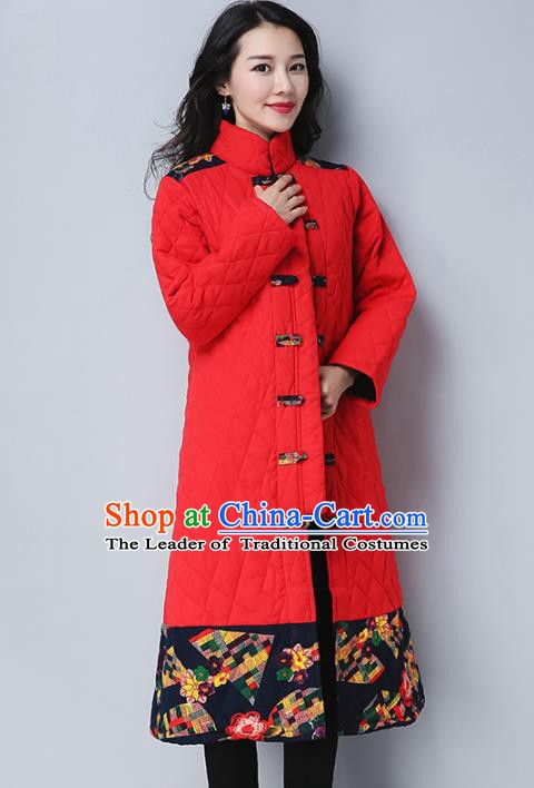 Traditional Chinese National Costume Hanfu Embroidered Cotton-padded Coat, China Tang Suit Plated Buttons Red Dust Coat for Women