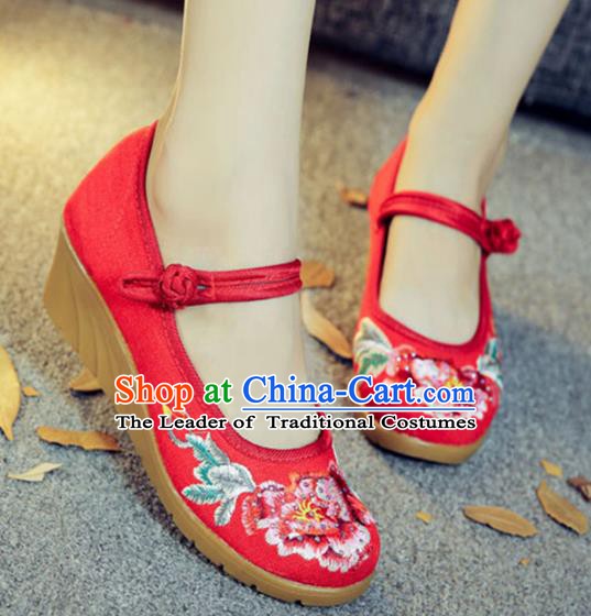 Traditional Chinese National Hanfu Embroidery Peony Red Shoes, China Embroidered Shoes for Women