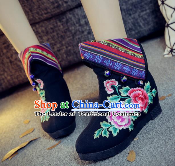 Traditional Chinese National Hanfu Embroidery Peony Black Boots, China Embroidered Shoes for Women