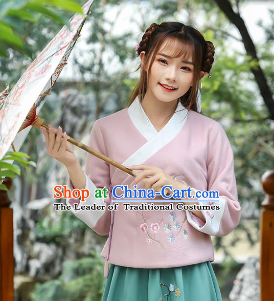 Traditional Chinese National Costume Hanfu Embroidery Pink Blouse, China Tang Suit Cheongsam Upper Outer Garment Shirt for Women