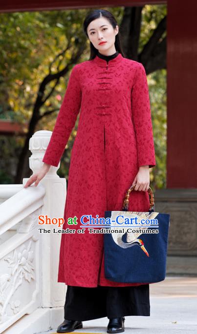 Traditional Chinese National Costume Hanfu Red Plated Buttons Dust Coat, China Tang Suit Coat for Women