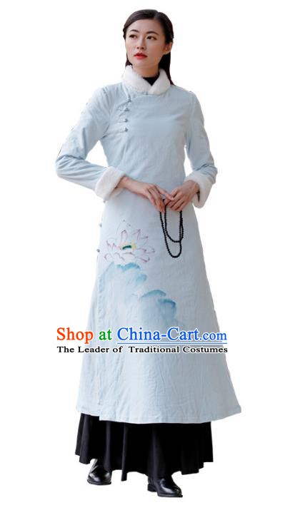 Traditional Chinese National Costume Hanfu Printing Lotus Blue Qipao, China Tang Suit Cheongsam Dress for Women