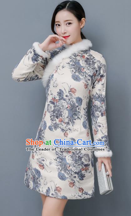 Traditional Chinese National Costume Hanfu Cotton-padded Qipao, China Tang Suit Cheongsam Dress for Women