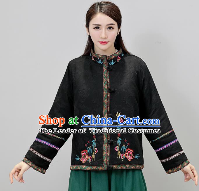 Traditional Chinese National Costume Hanfu Embroidered Black Jacket, China Tang Suit Coat for Women