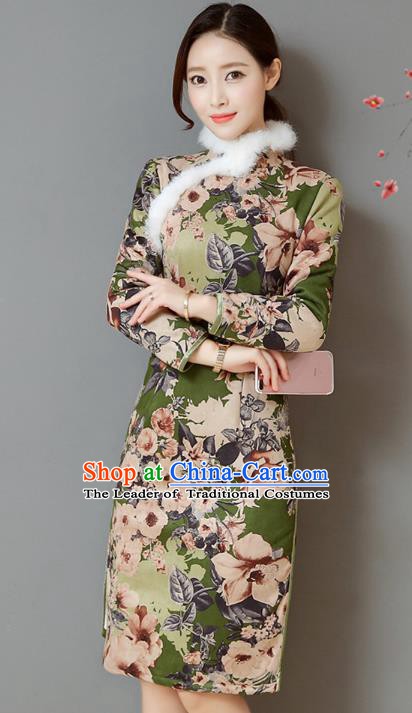 Traditional Chinese National Costume Hanfu Printing Green Qipao, China Tang Suit Cheongsam Dress for Women