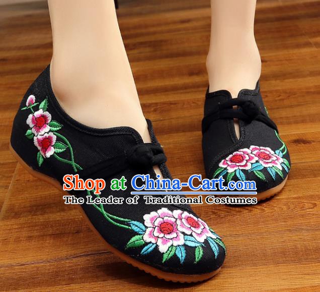 Traditional Chinese National Hanfu Embroidery Flowers Black Shoes, China Ancient Embroidered Shoes for Women