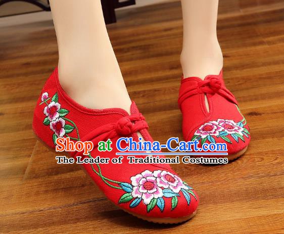 Traditional Chinese National Hanfu Embroidery Flowers Red Shoes, China Ancient Embroidered Shoes for Women