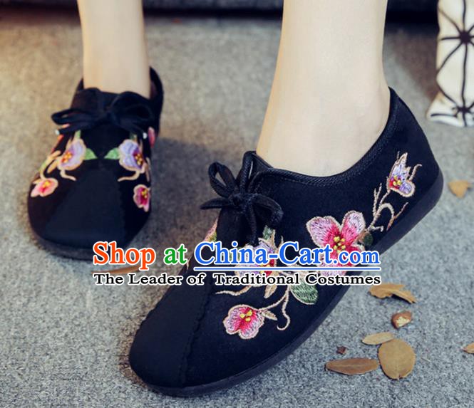 Traditional Chinese National Hanfu Embroidery Flowers Black Shoes, China Ancient Embroidered Shoes for Women