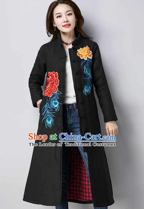 Traditional Chinese National Costume Hanfu Black Embroidered Cotton-padded Coat, China Tang Suit Dust Coat for Women