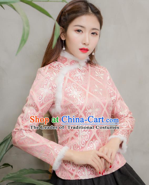 Traditional Chinese National Costume Hanfu Pink Qipao Blouse, China Tang Suit Cheongsam Shirts for Women