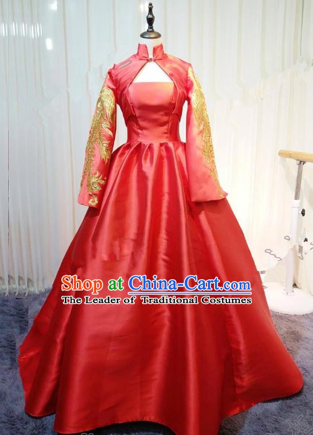 Chinese Style Wedding Catwalks Costume Wedding Red Fishtail Full Dress Compere Bride Embroidered Cheongsam for Women