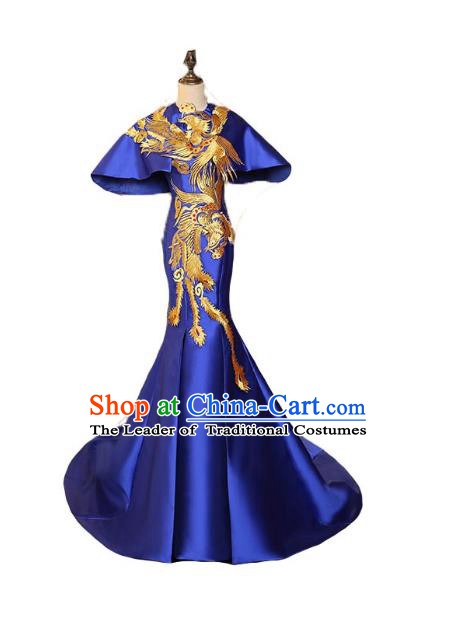 Chinese Style Wedding Catwalks Costume Wedding Blue Fishtail Full Dress Compere Embroidered Phoenix Cheongsam for Women