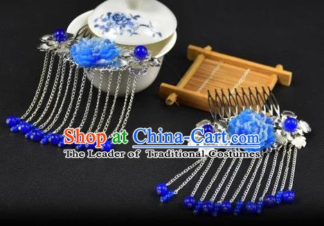 Traditional Handmade Chinese Hair Accessories Hairpins Blue Beads Tassel Hair Stick Headwear for Women