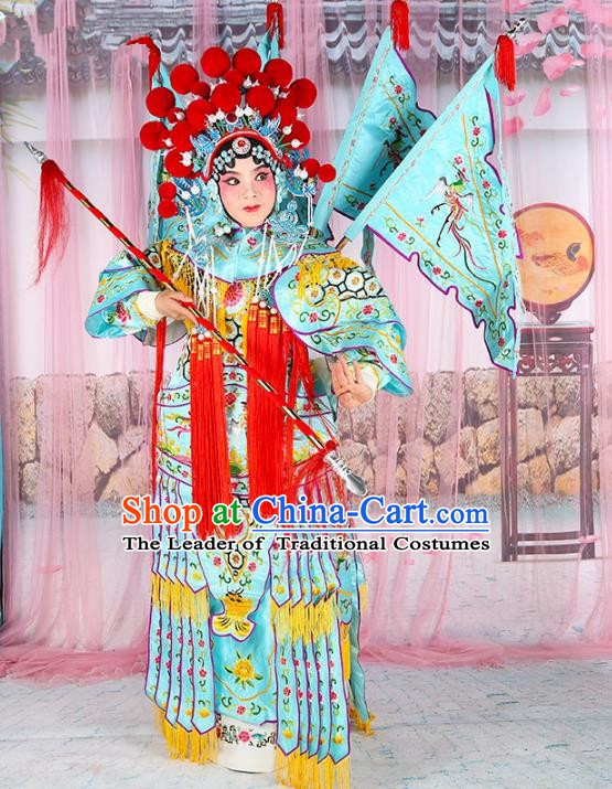 Chinese Beijing Opera Female General Costume Embroidered Blue Armour, China Peking Opera Blues Embroidery Gwanbok Clothing