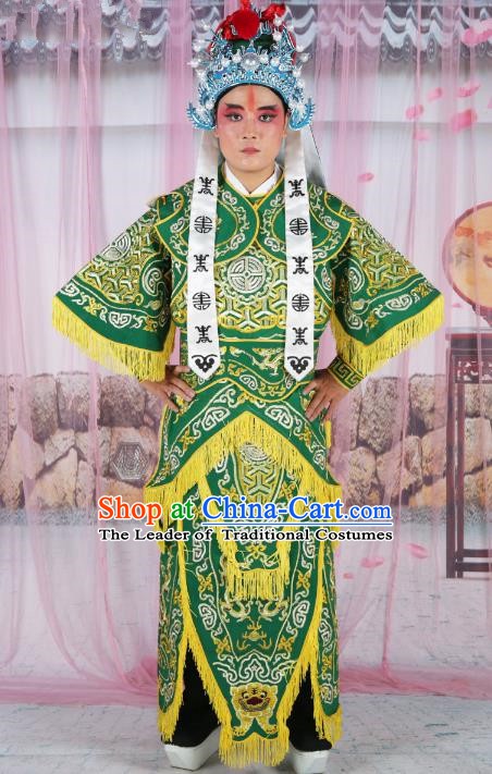 Chinese Beijing Opera Takefu Costume Green Embroidered Robe, China Peking Opera Warrior Embroidery Gwanbok Clothing