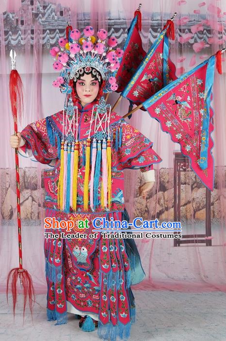 Chinese Beijing Opera Female General Costume Rosy Embroidered Robe, China Peking Opera Blues Embroidery Gwanbok Clothing