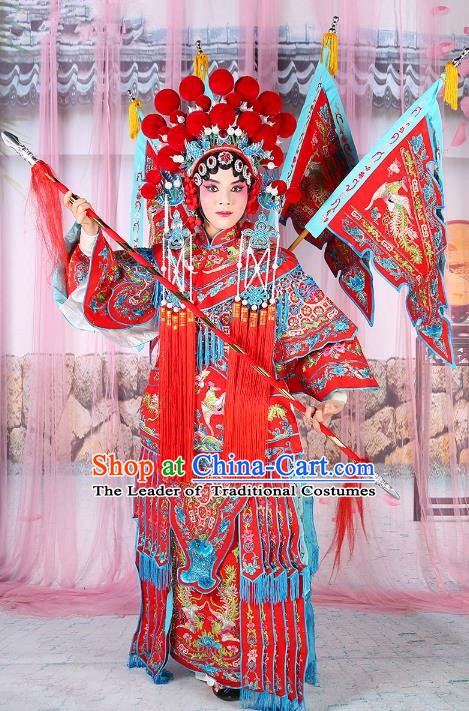 Chinese Beijing Opera Female General Costume Red Embroidered Robe, China Peking Opera Blues Warrior Embroidery Gwanbok Clothing