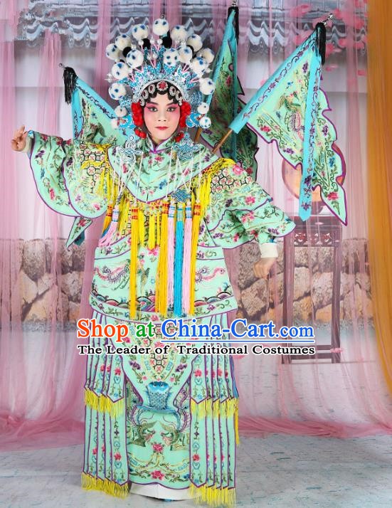 Chinese Beijing Opera Female General Costume Light Green Embroidered Robe, China Peking Opera Blues Warrior Embroidery Gwanbok Clothing