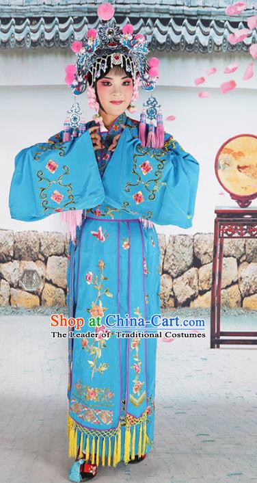 Chinese Beijing Opera Nobility Lady Embroidered Blue Costume, China Peking Opera Actress Embroidery Clothing