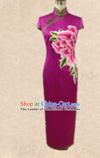 Traditional Chinese National Costume Rosy Mandarin Qipao, Tang Suit Embroidered Peony Chirpaur Silk Cheongsam Clothing for Women