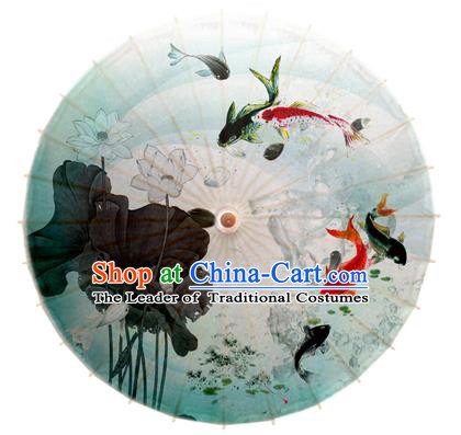 Asian China Dance Umbrella Stage Performance Umbrella Hand Ink Painting Lotus Fishes Oil-paper Umbrellas