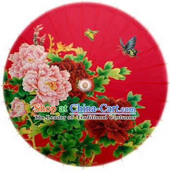 Asian China Dance Handmade Umbrella Stage Performance Wedding Umbrella Printing Peony Red Oil-paper Umbrellas