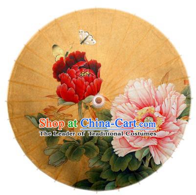 Asian China Dance Handmade Umbrella Stage Performance Umbrella Printing Peony Butterfly Yellow Oil-paper Umbrellas