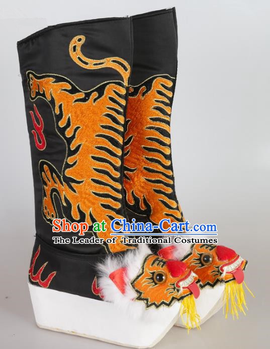 Chinese Beijing Opera Emperor Black Embroidered Boots, China Peking Opera Takefu Embroidery Tiger Shoes