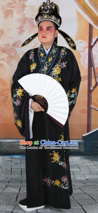 Chinese Beijing Opera Niche Costume Black Embroidered Robe, China Peking Opera Scholar Embroidery Chrysanthemum Clothing