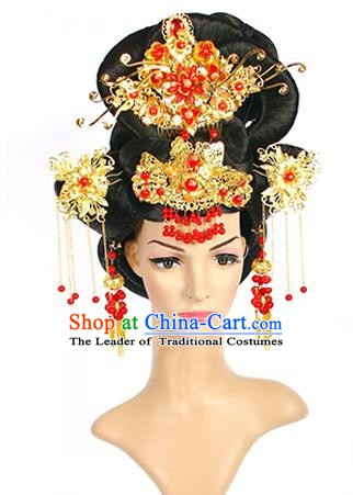 Traditional Chinese Ancient Palace Princess Hair Accessories Phoenix Coronet Hairpins and Wig for Women