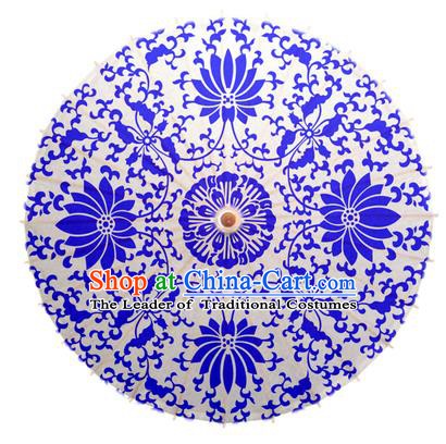 China Traditional Dance Handmade Umbrella Printing Blue Lotus Oil-paper Umbrella Stage Performance Props Umbrellas