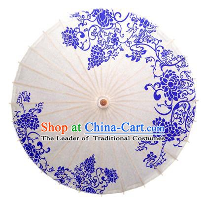 China Traditional Dance Handmade Umbrella Blue and White Porcelain Peony Oil-paper Umbrella Stage Performance Props Umbrellas