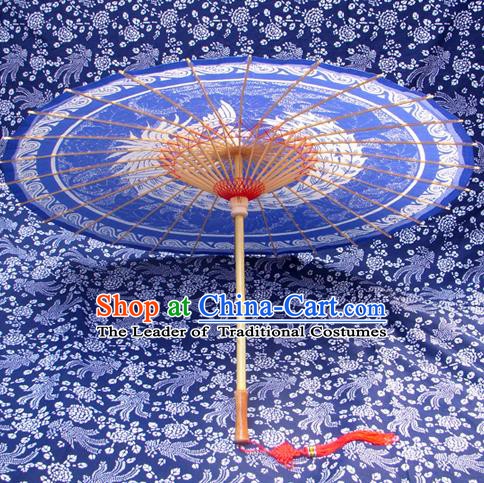 Handmade China Traditional Folk Dance Umbrella Painting Phoenix Blue Oil-paper Umbrella Stage Performance Props Umbrellas