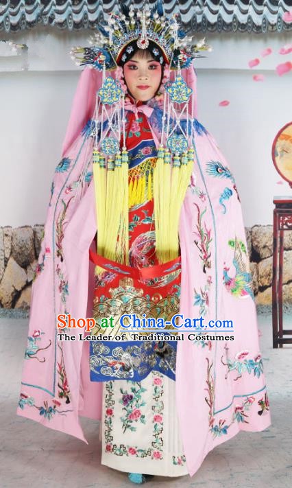 Chinese Beijing Opera Empress Costume Pink Embroidered Cloak, China Peking Opera Actress Embroidery Mantle Clothing