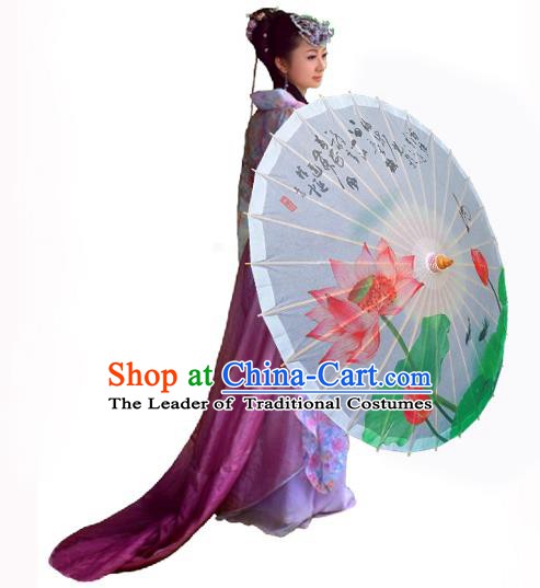 Handmade China Traditional Folk Dance Umbrella Ink Painting Lotus White Oil-paper Umbrella Stage Performance Props Umbrellas