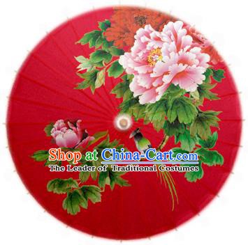 Handmade China Traditional Folk Dance Umbrella Printing Peony Red Oil-paper Umbrella Stage Performance Props Umbrellas