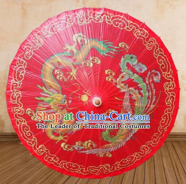 China Traditional Folk Dance Paper Umbrella Hand Painting Dragon Phoenix Red Oil-paper Umbrella Stage Performance Props Umbrellas