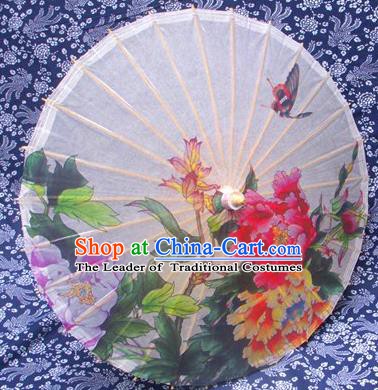 Handmade China Traditional Folk Dance Umbrella Stage Performance Props Umbrellas Printing Peony White Oil-paper Umbrella